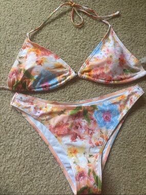 Zaful Peach Floral Triangle Bikini Set